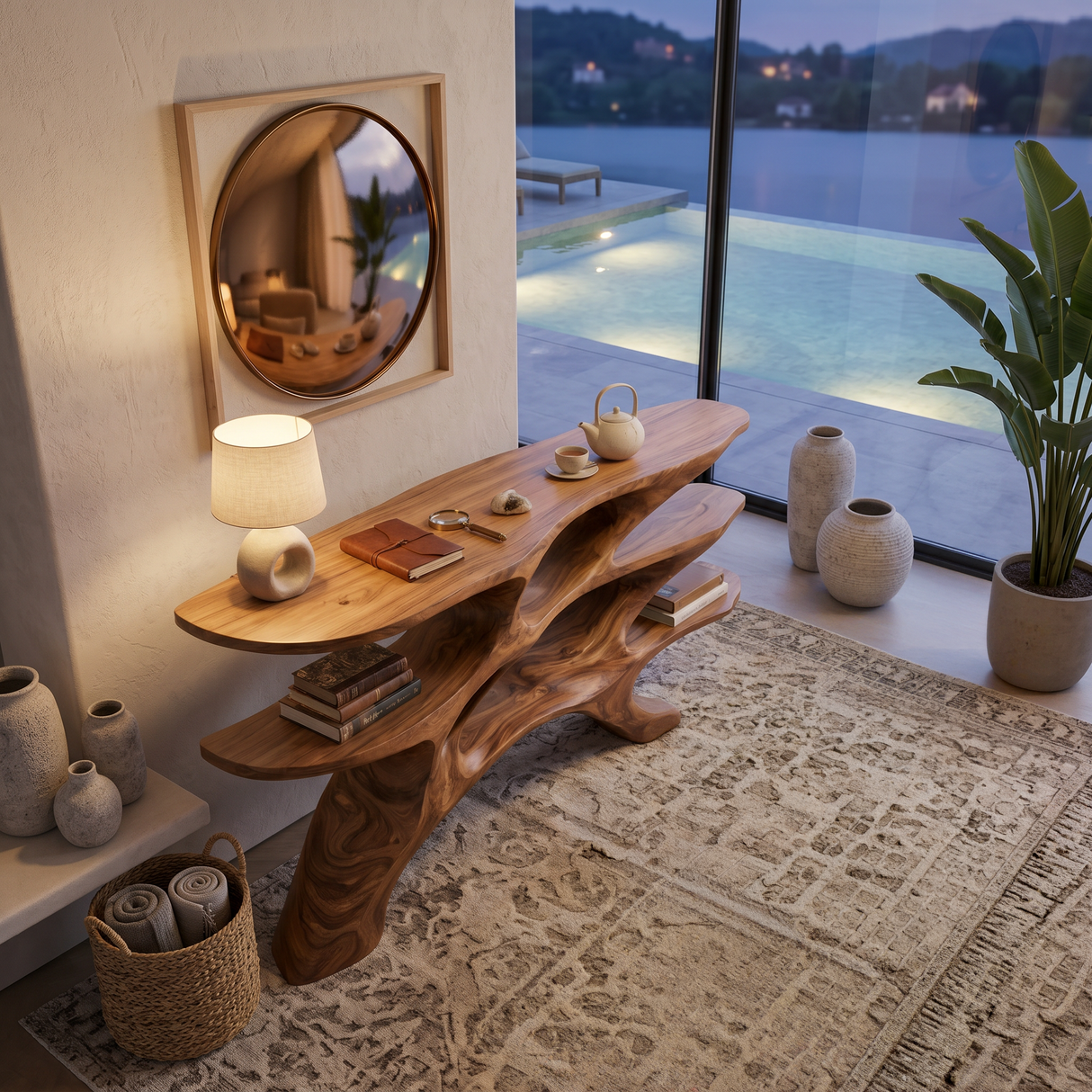 Minimalist Sculptural Wooden Console Table For Living Room