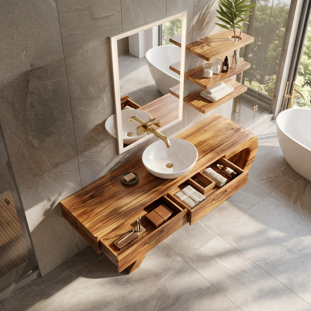 Modern Wood Bathroom Vanity With Sculptural Wave Base For Bath