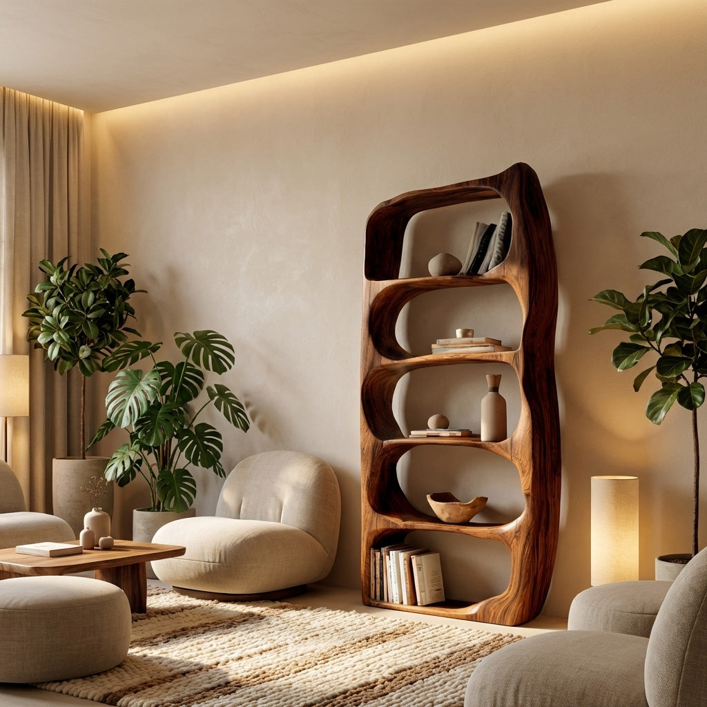Handcrafted Sculptural Wooden Standing Shelf For Home Decor