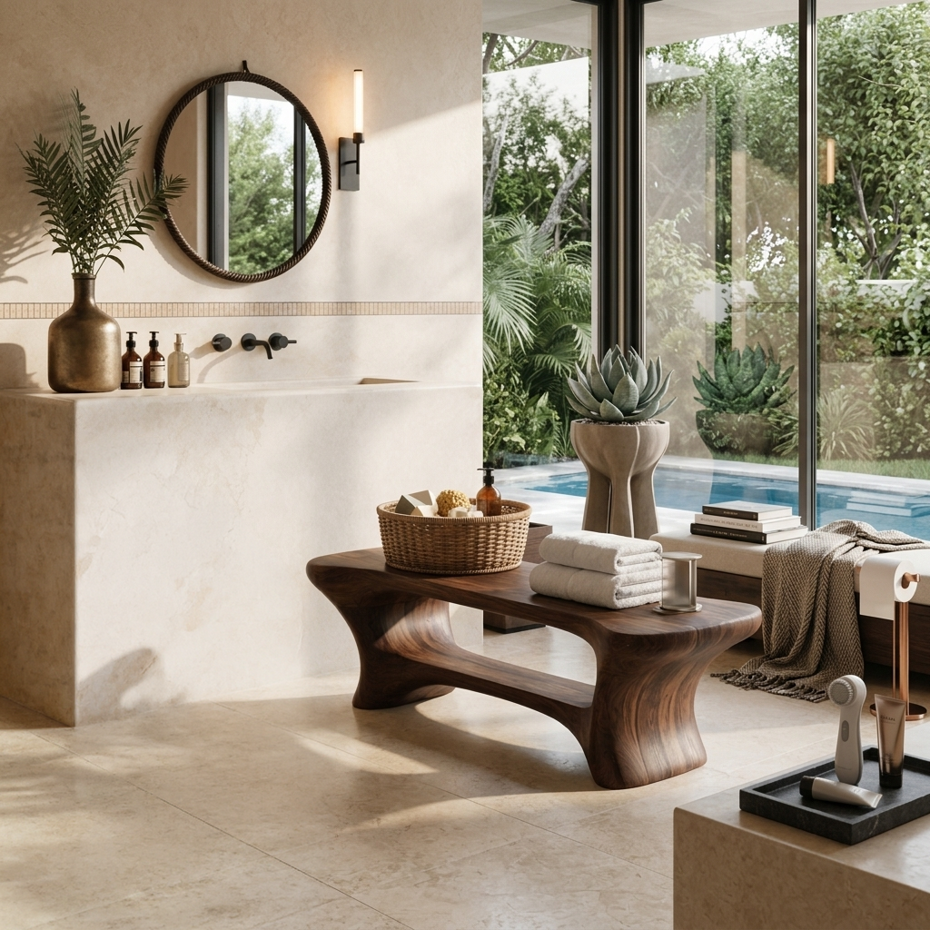 Modern Organic Bathroom Seat With Center Shelf For Bathroom