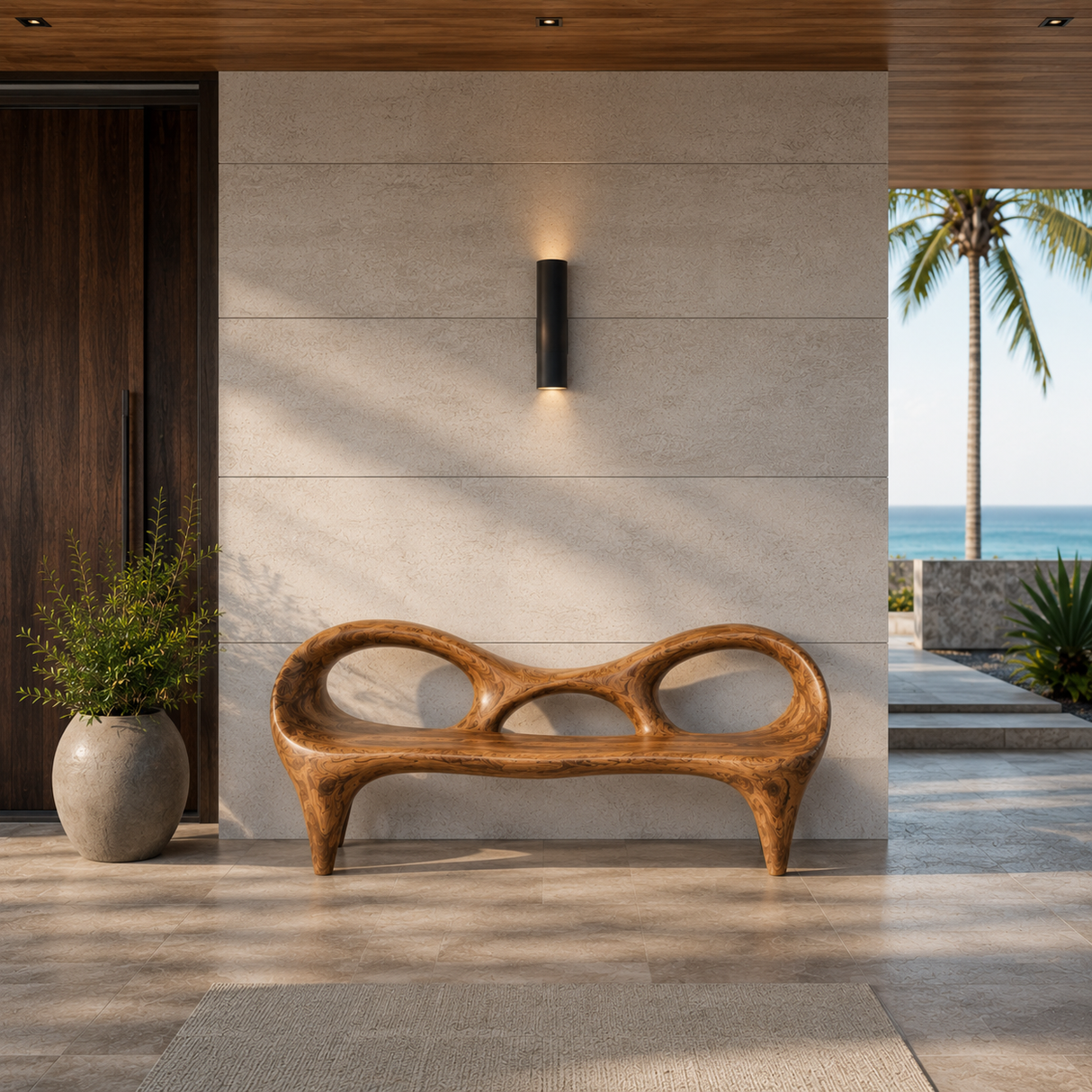 Sculptural Wooden Entryway Bench With Rounded Edges For Entryway