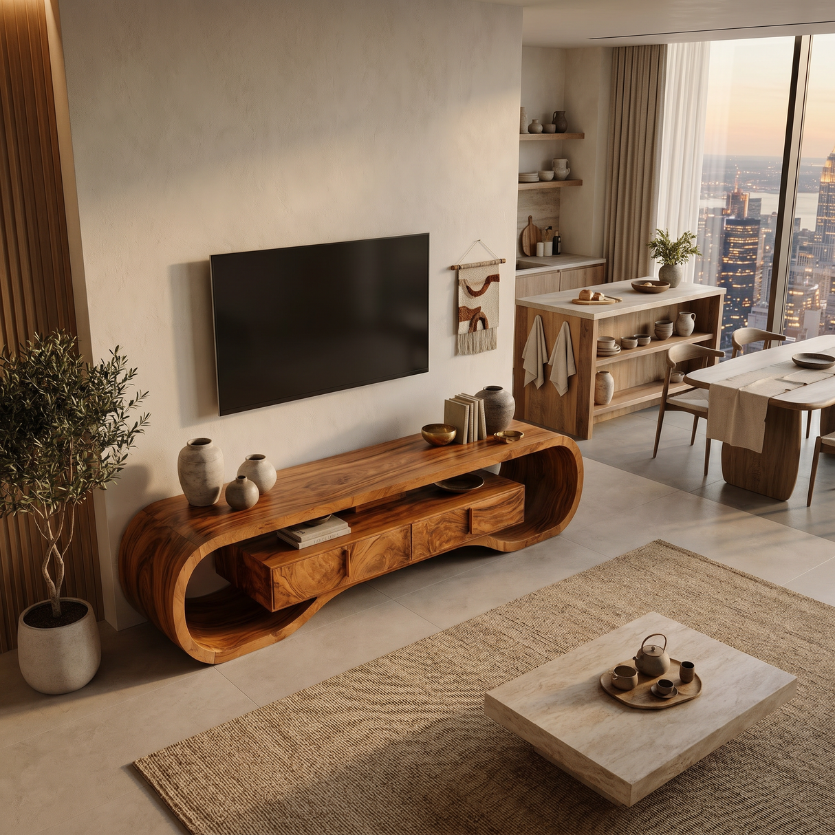 Organic Wood TV Cabinet For Living Room Media Storage