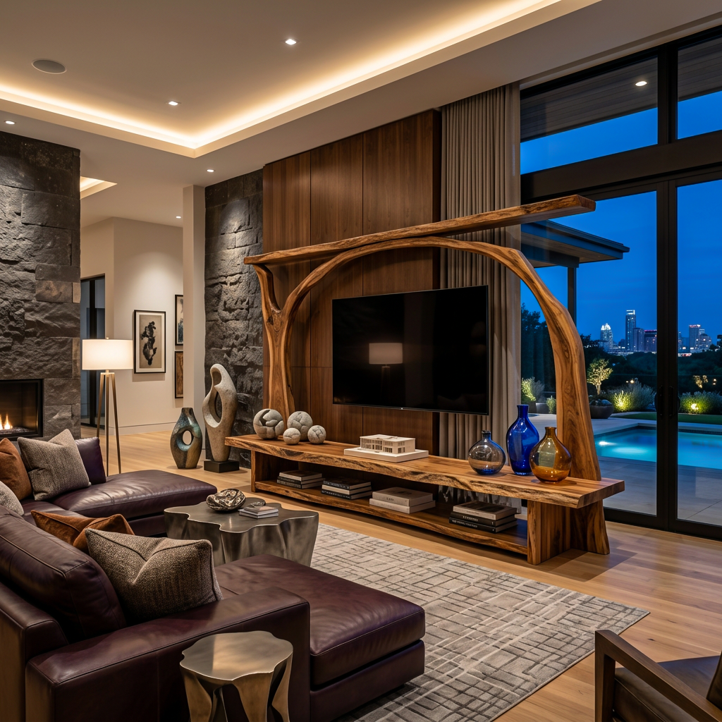 Wooden TV Cabinet With Sculptural Branch Frame For Modern Living