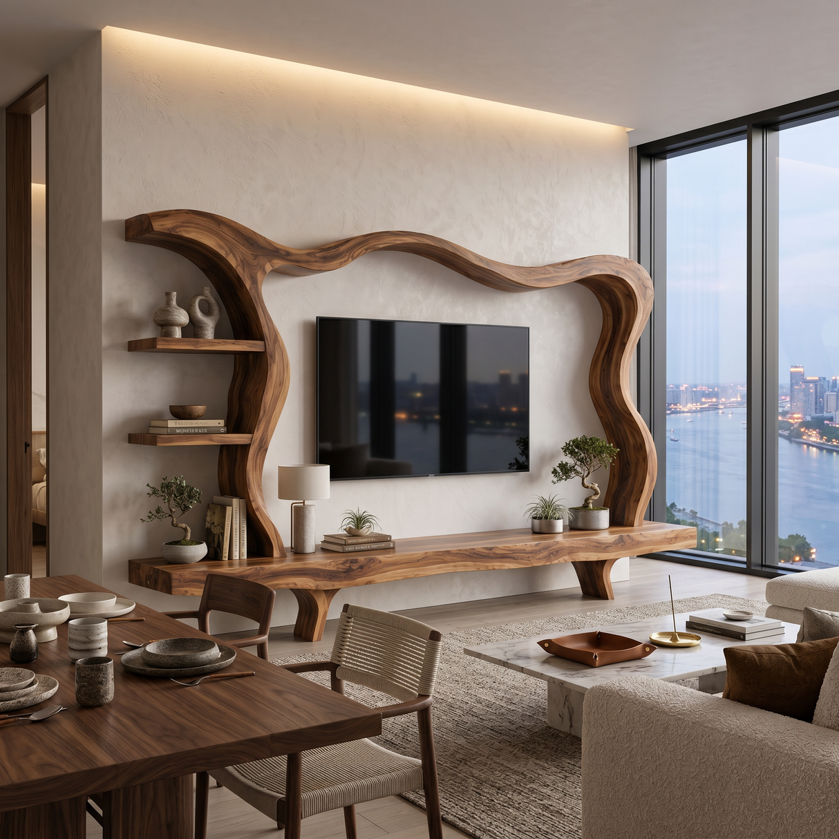 Modern Wood TV Stand With Flowing Frame For Home Decor