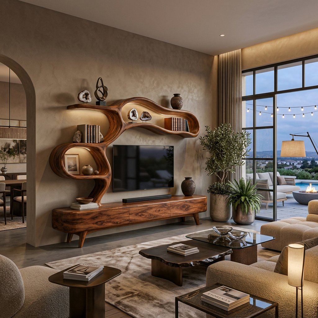 Organic Modern Wood TV Cabinet With Flowing Shelving For Living