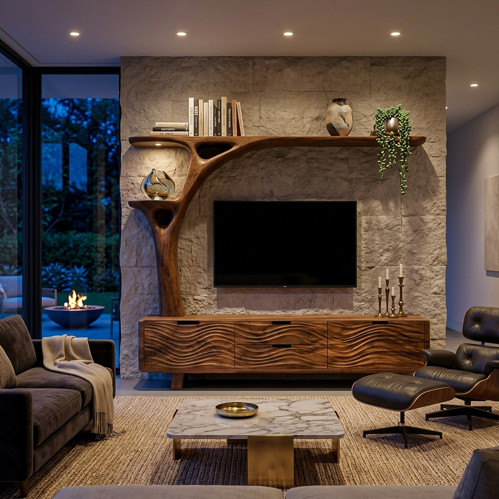 Contemporary Wood TV Cabinet With Curved Shelf For Living Storage