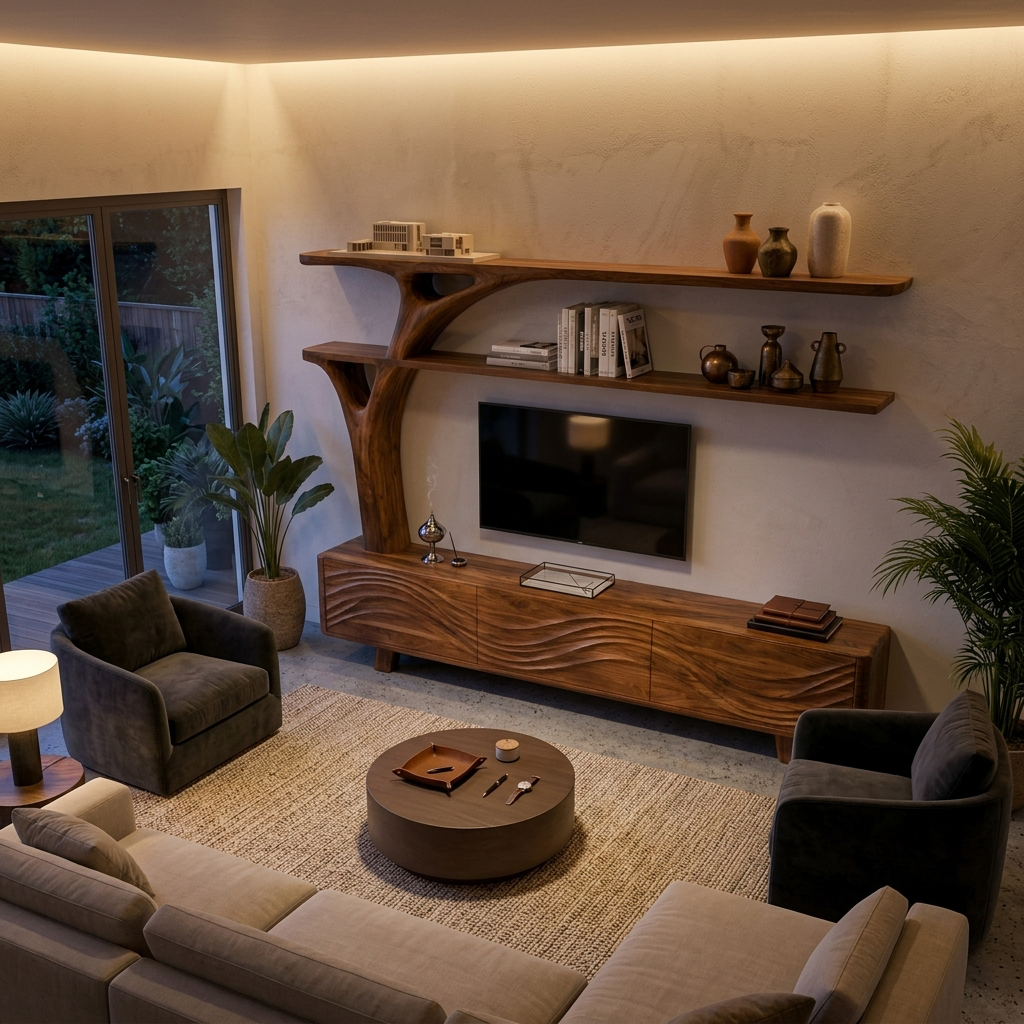 Luxury Wood TV Cabinet With Sculptural Open Shelving For Interior
