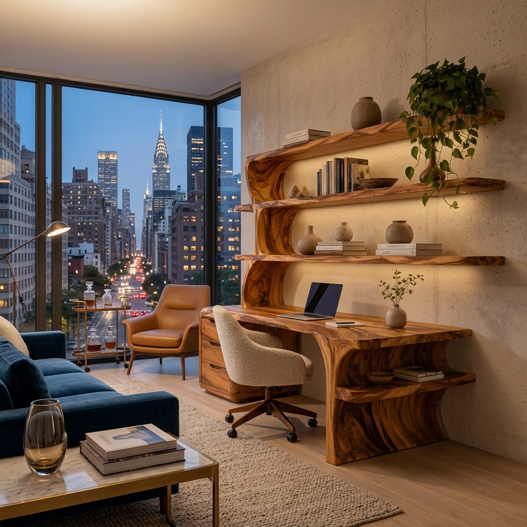 Sculptural Wood Desk With Curved Shelving And Drawer For Office