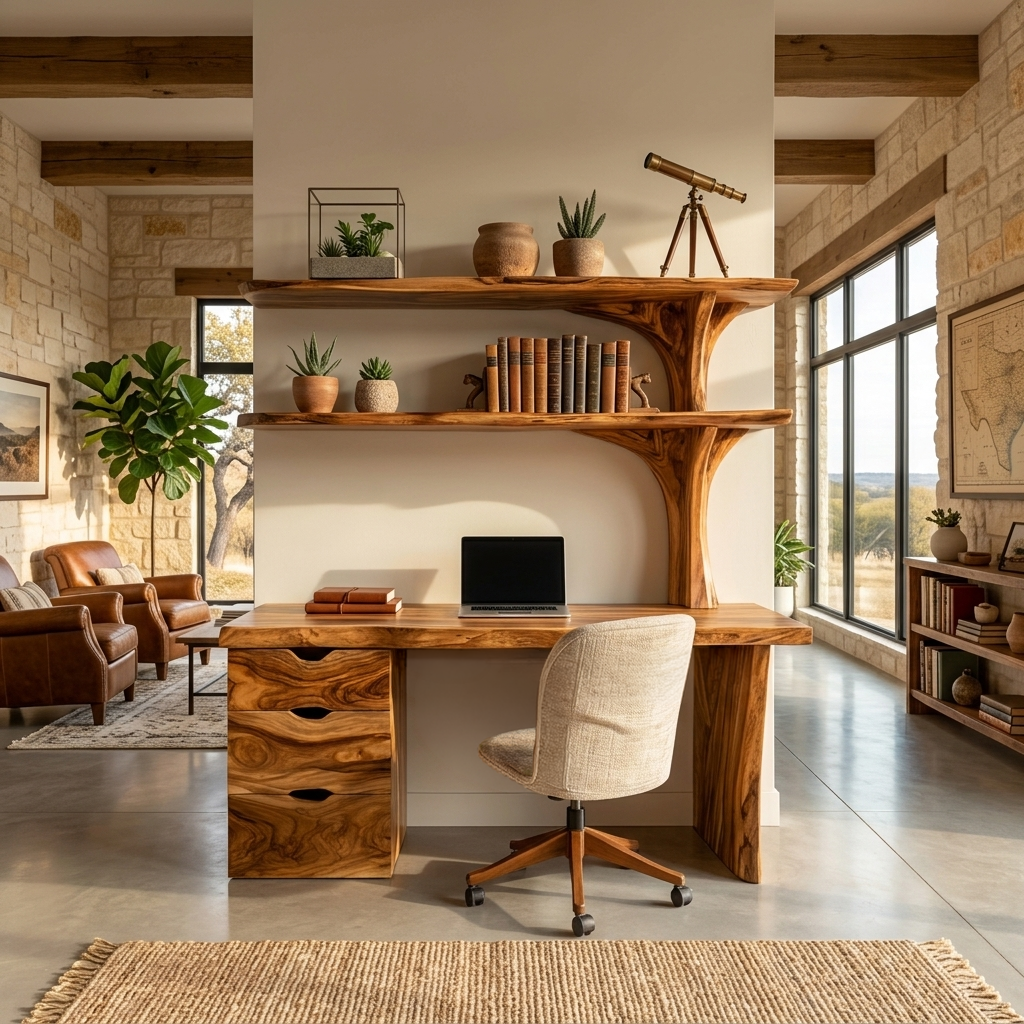 Wooden Desk With Integrated Shelving And Drawer For Contemporary Office