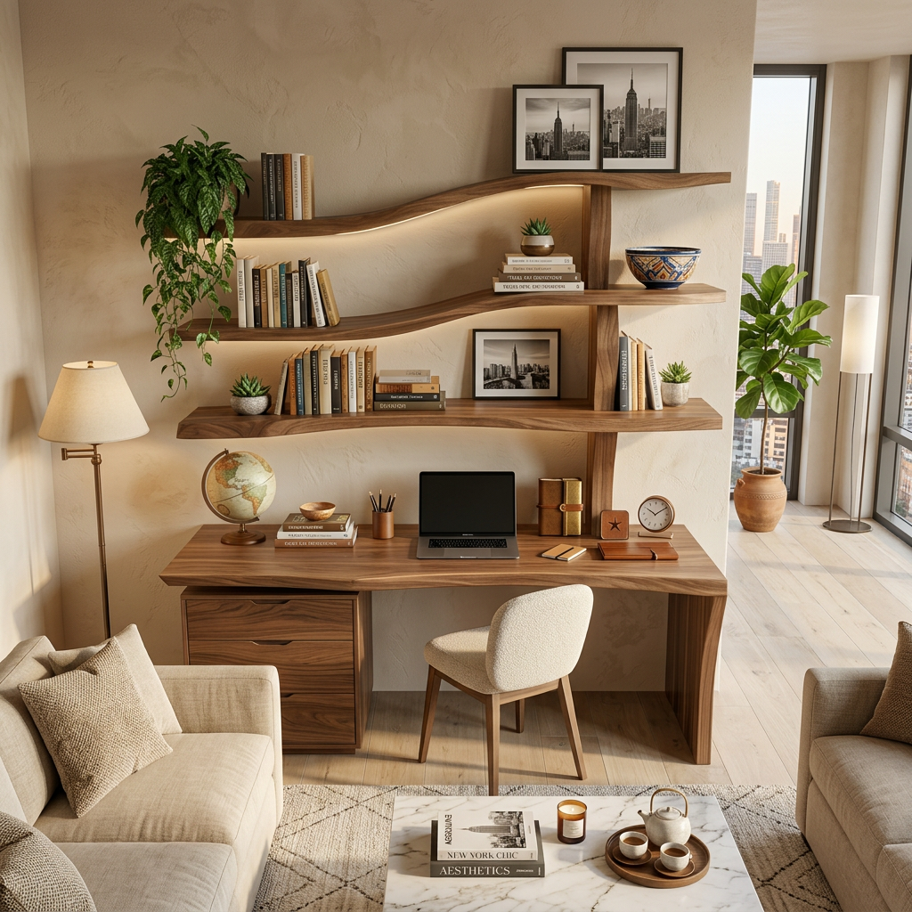 Wooden Desk With Curved Bookshelves And Drawers For Luxury Workspace