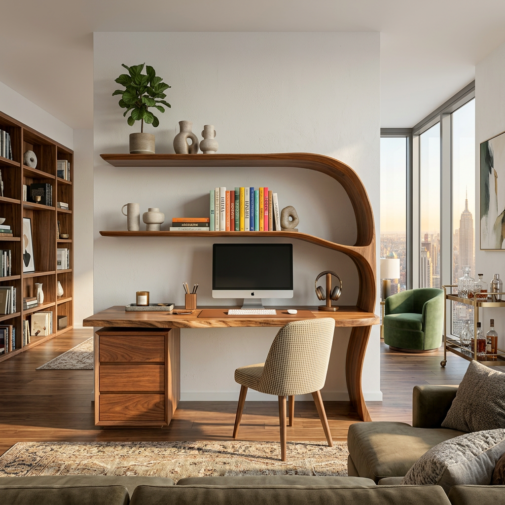 Organic Desk With Curved Shelf And Drawer For Study Room