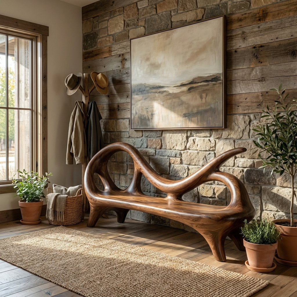 Modern Entryway Bench With Sculptural Form For Contemporary Interiors