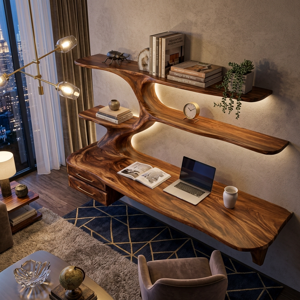 Organic Wooden Floating Desk With Branch Bookshelves For Home Office