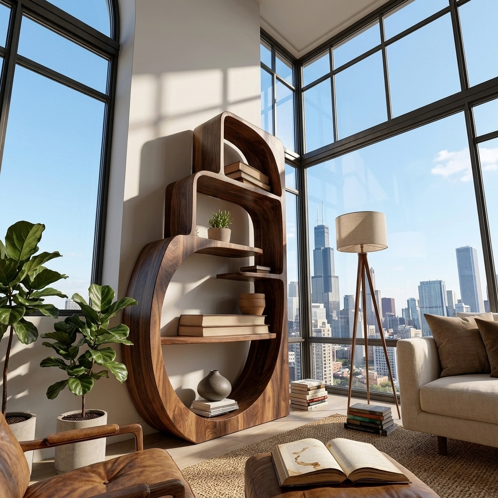 Organic Wood Bookshelf With Multiple Storage Levels For Living Room
