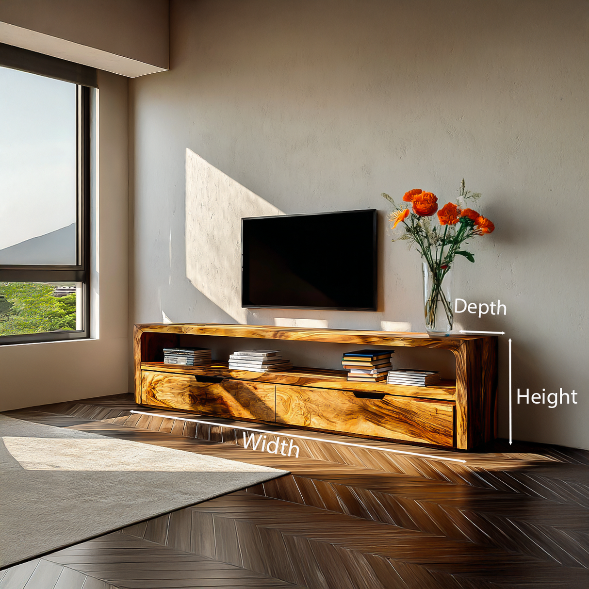 Rustic TV Stand With Shelves And Cabinet Doors For Living