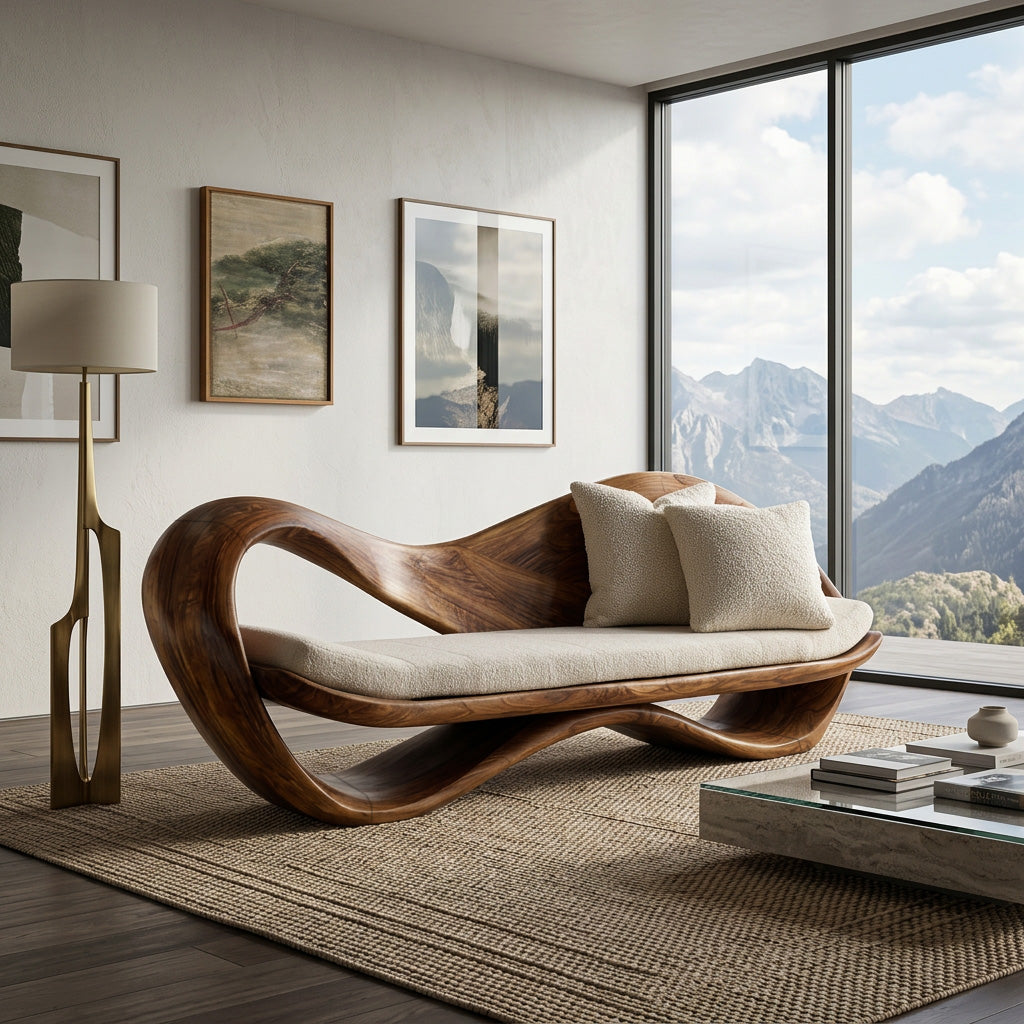 Modern Wooden Sofa With Sculptural Frame For Home Living