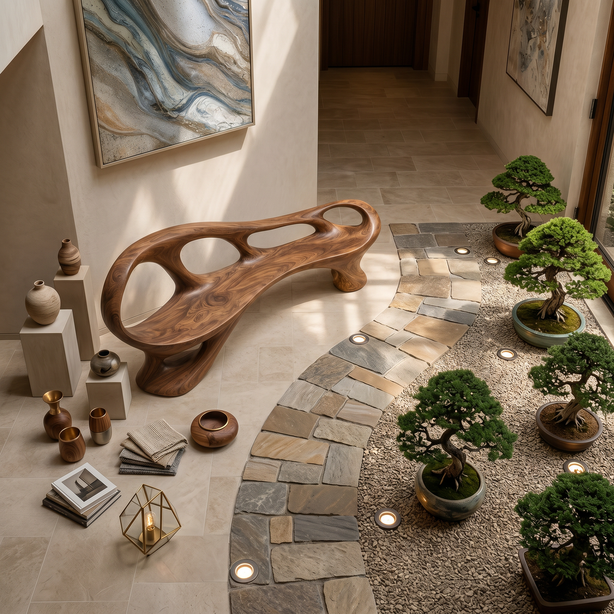Organic Wooden Bench With Sculptural Continuous Frame For Entryway