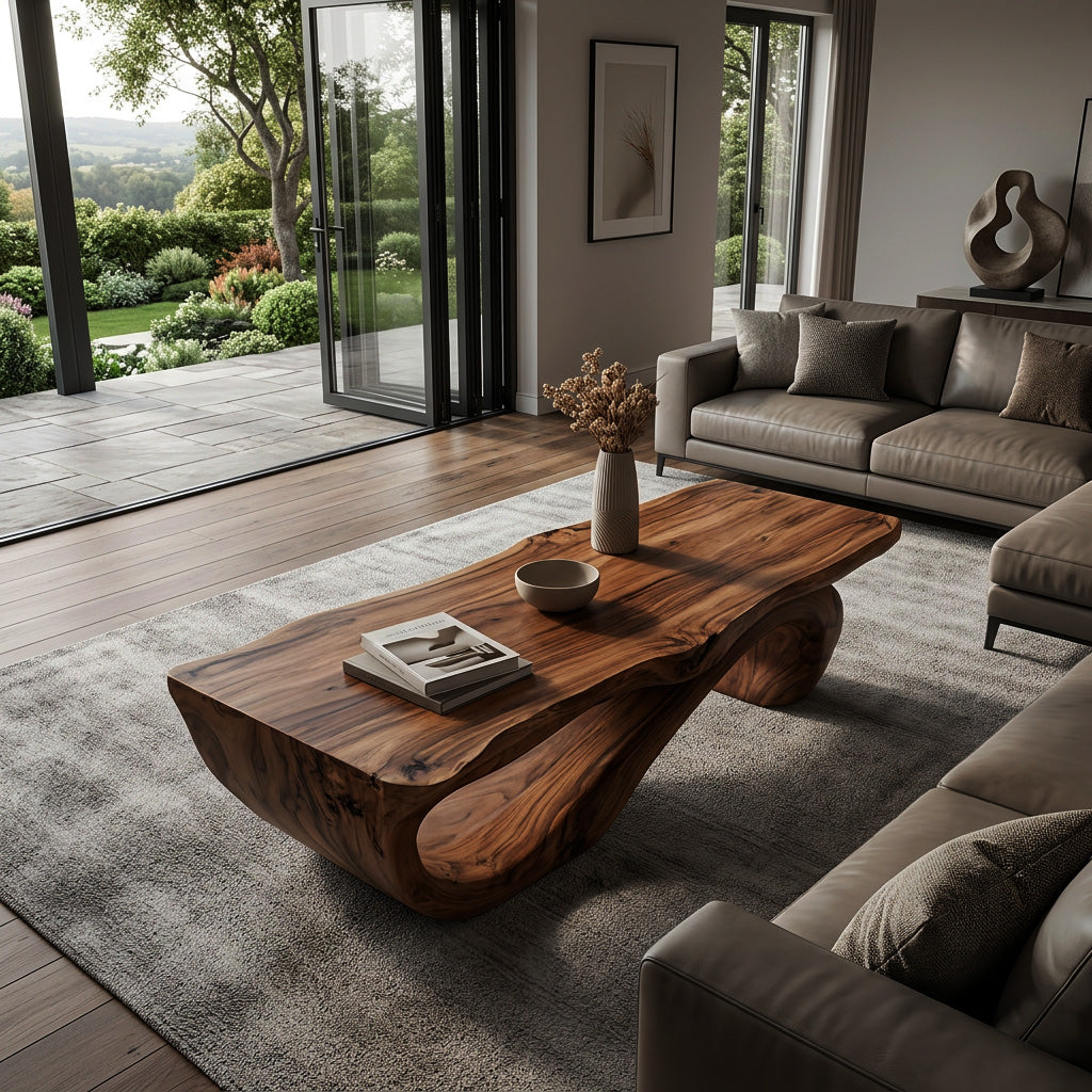 Organic Coffee Table With Carved Wood Base For Living Room