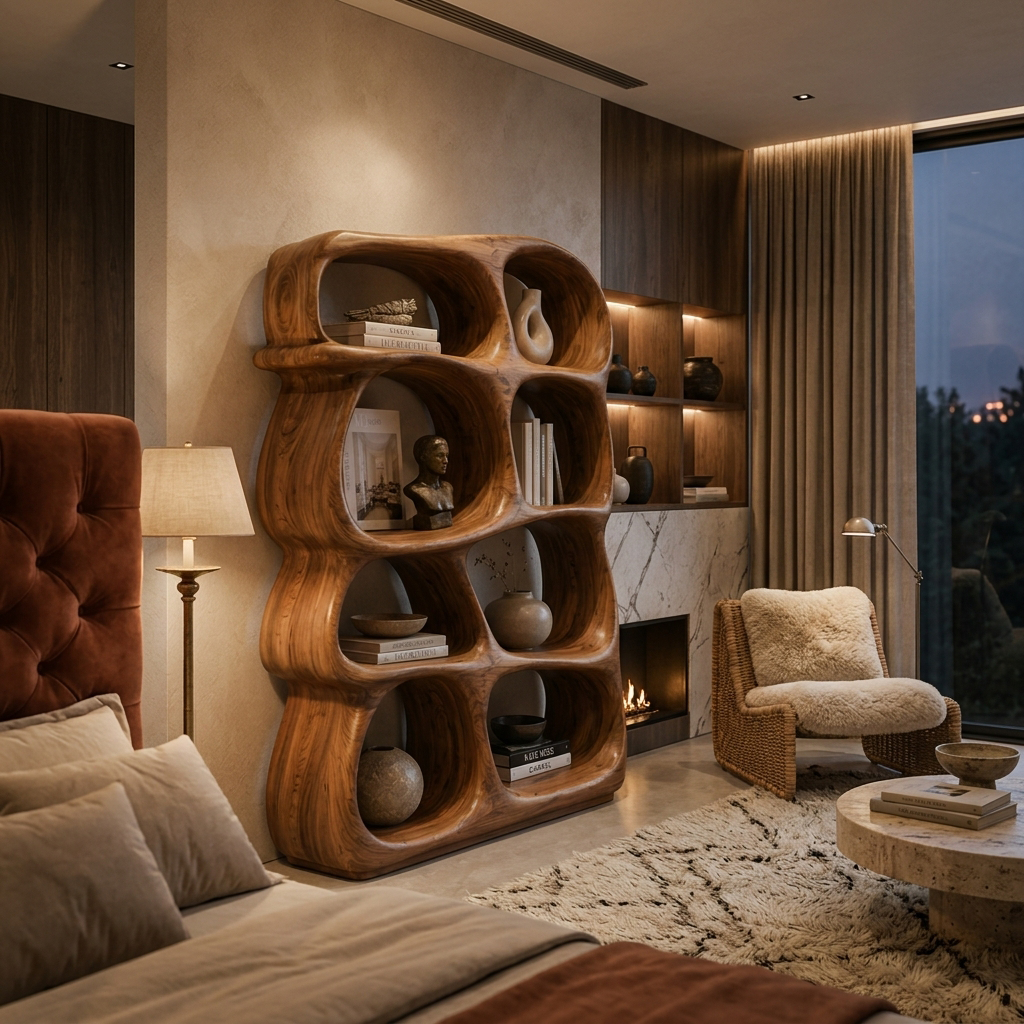 Organic Wooden Bookshelf With Sculptural Open Shelving For Living Room