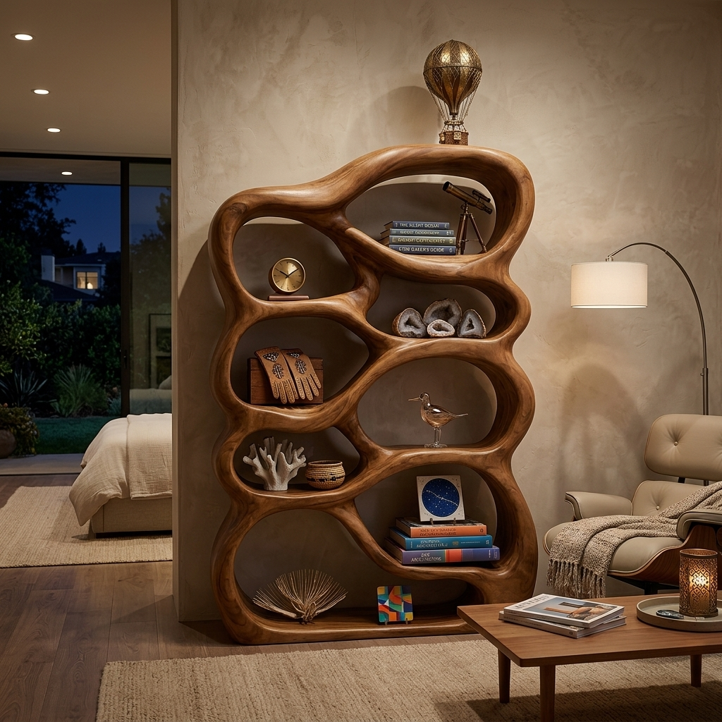 Handcrafted Bookshelf With Curved Open Compartments For Living Room