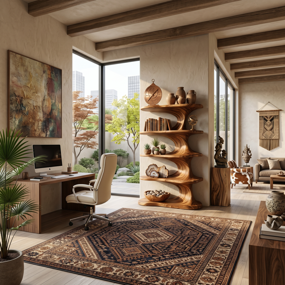 Modern Wooden Bookshelf With Flowing Organic Lines For Living Room