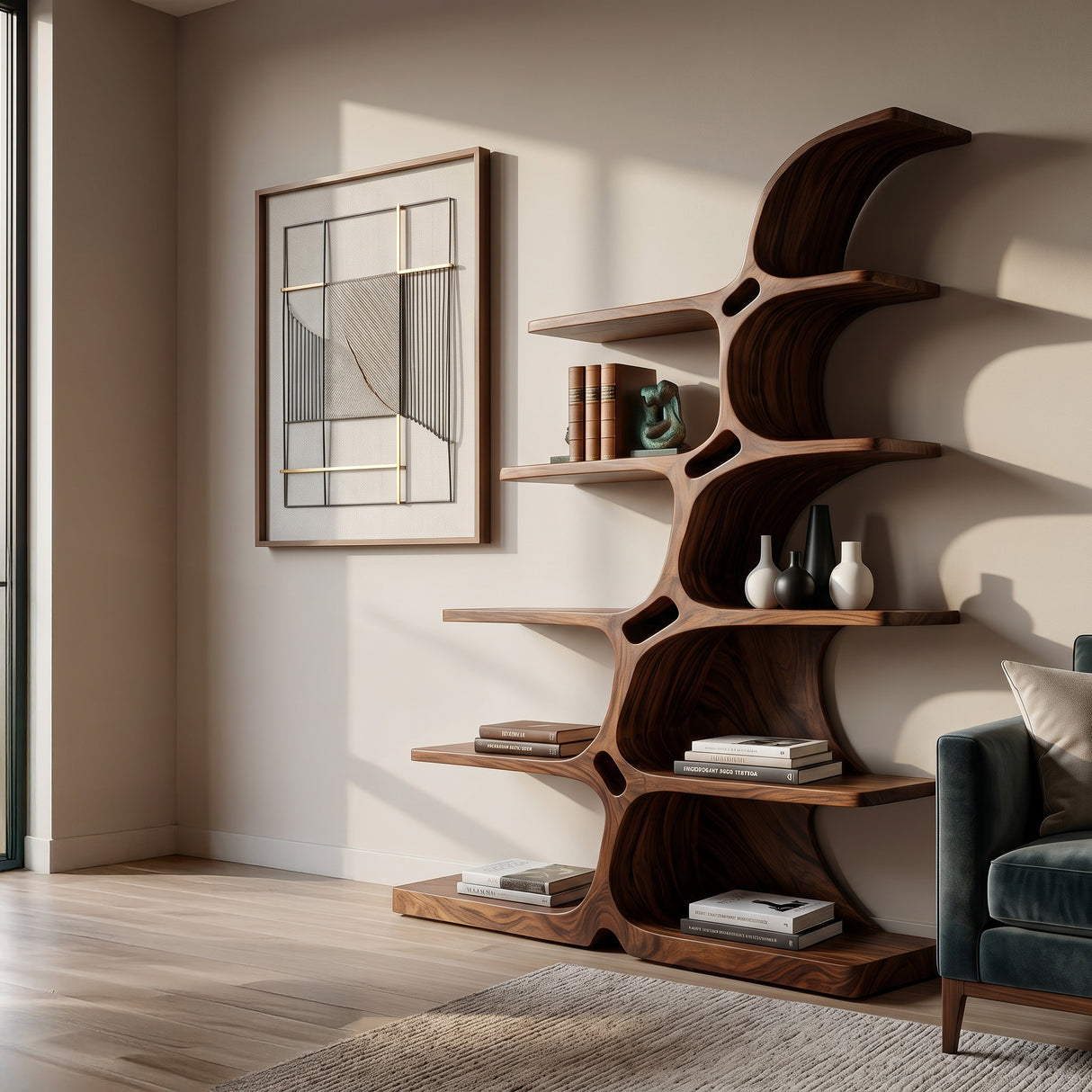 Japandi Carved Sculptural Bookshelf For Living Room