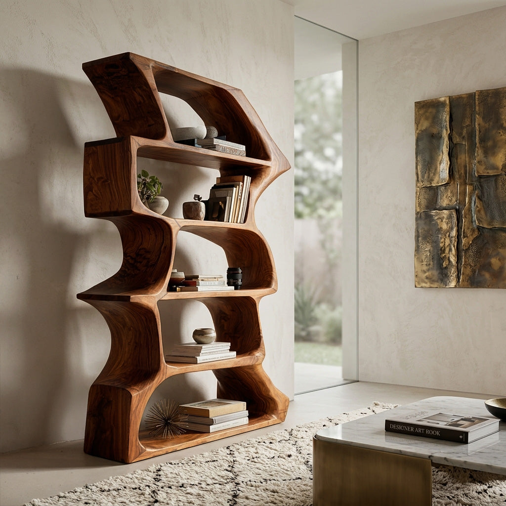 Organic Farmhouse Wooden Curved Bookshelf For Living Room