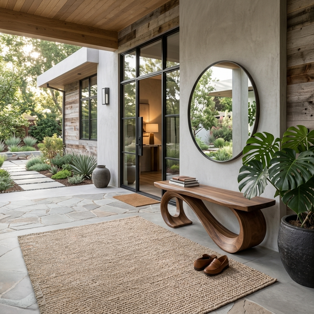 Rustic Wooden Bench With Sculptural Base For Entryway