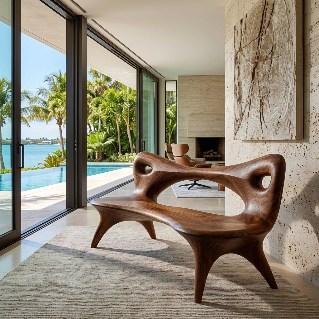 Contemporary Natural Wood Curved Bench For Living Room