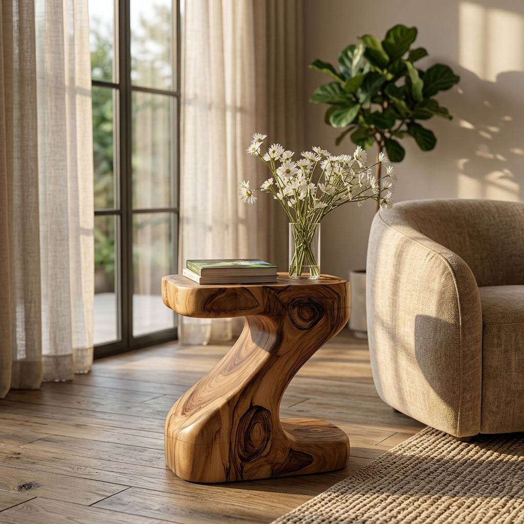 Organic Wooden Z-Shaped Side Table For Home Living