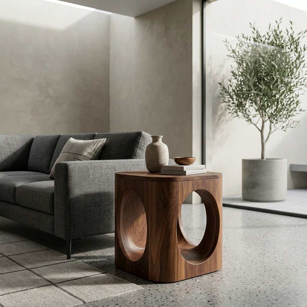 Geometric Carved Natural Wood Side Table For Living Room
