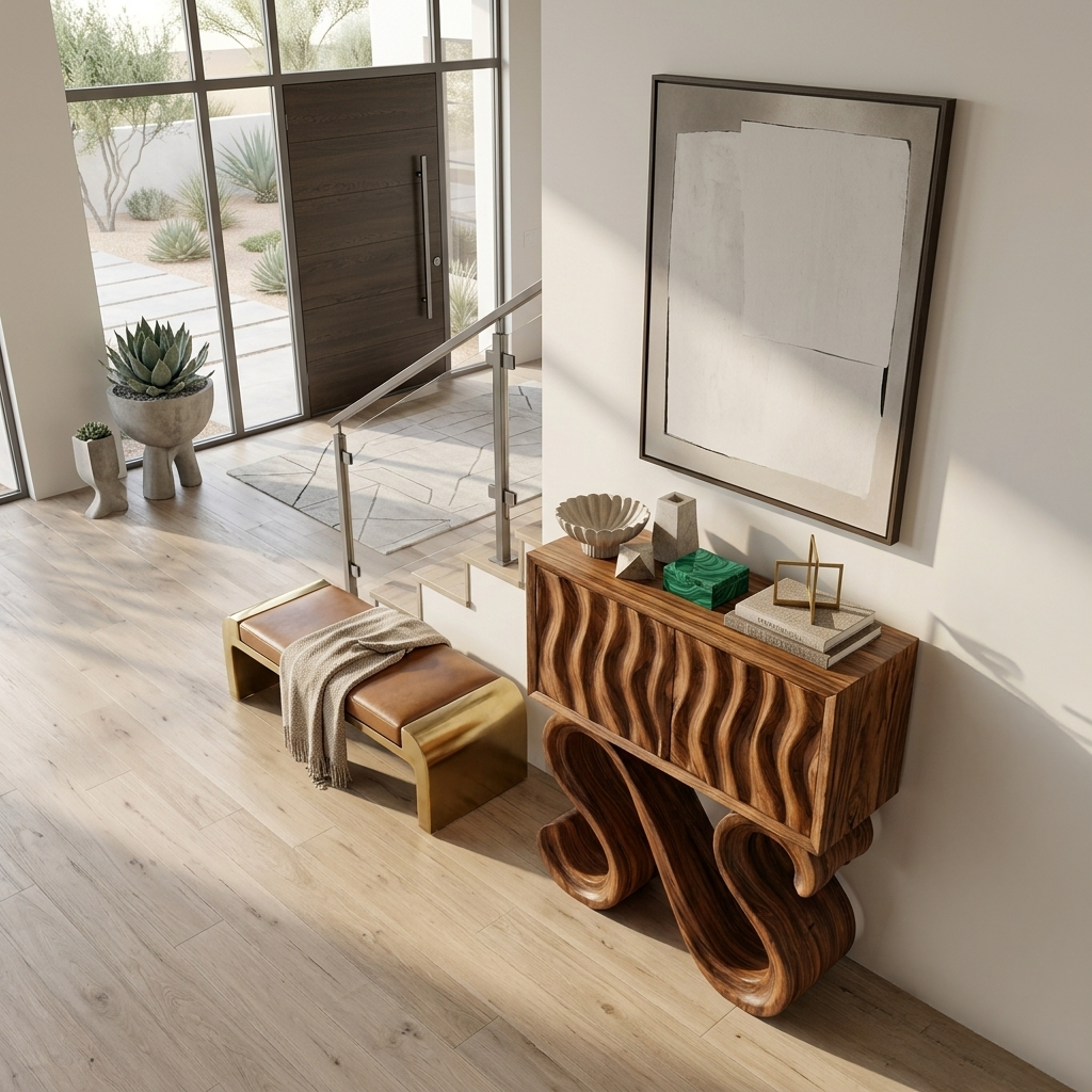 Contemporary Wood Console Table With Sculptural Undulating Legs For Home