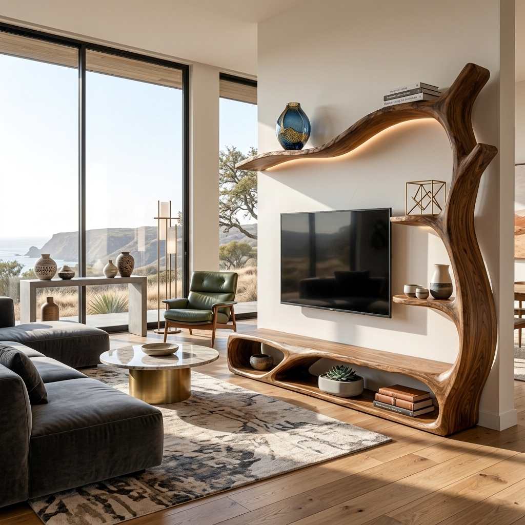 Rustic Wooden TV Stand Sculptural Flow Form For Living Furniture