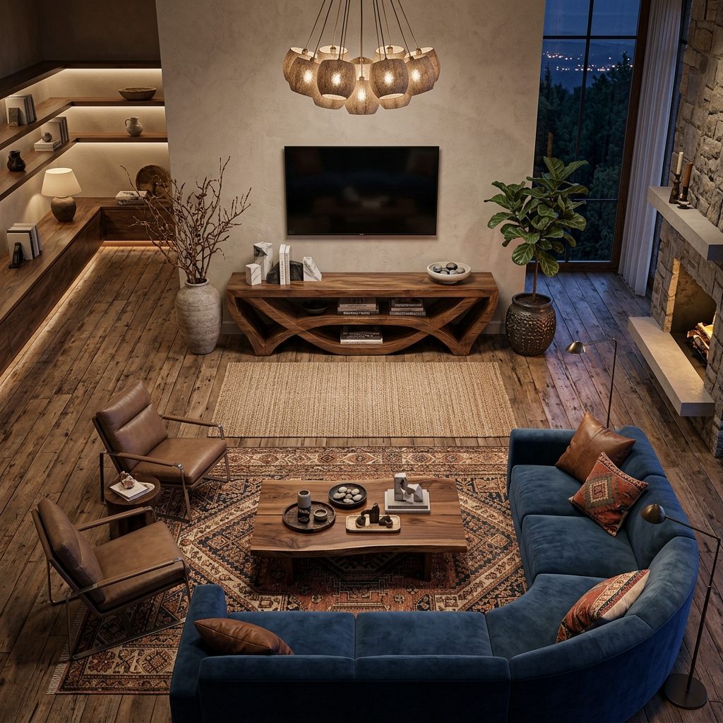 Wooden TV Stand With Carved Open Structure For Living Storage