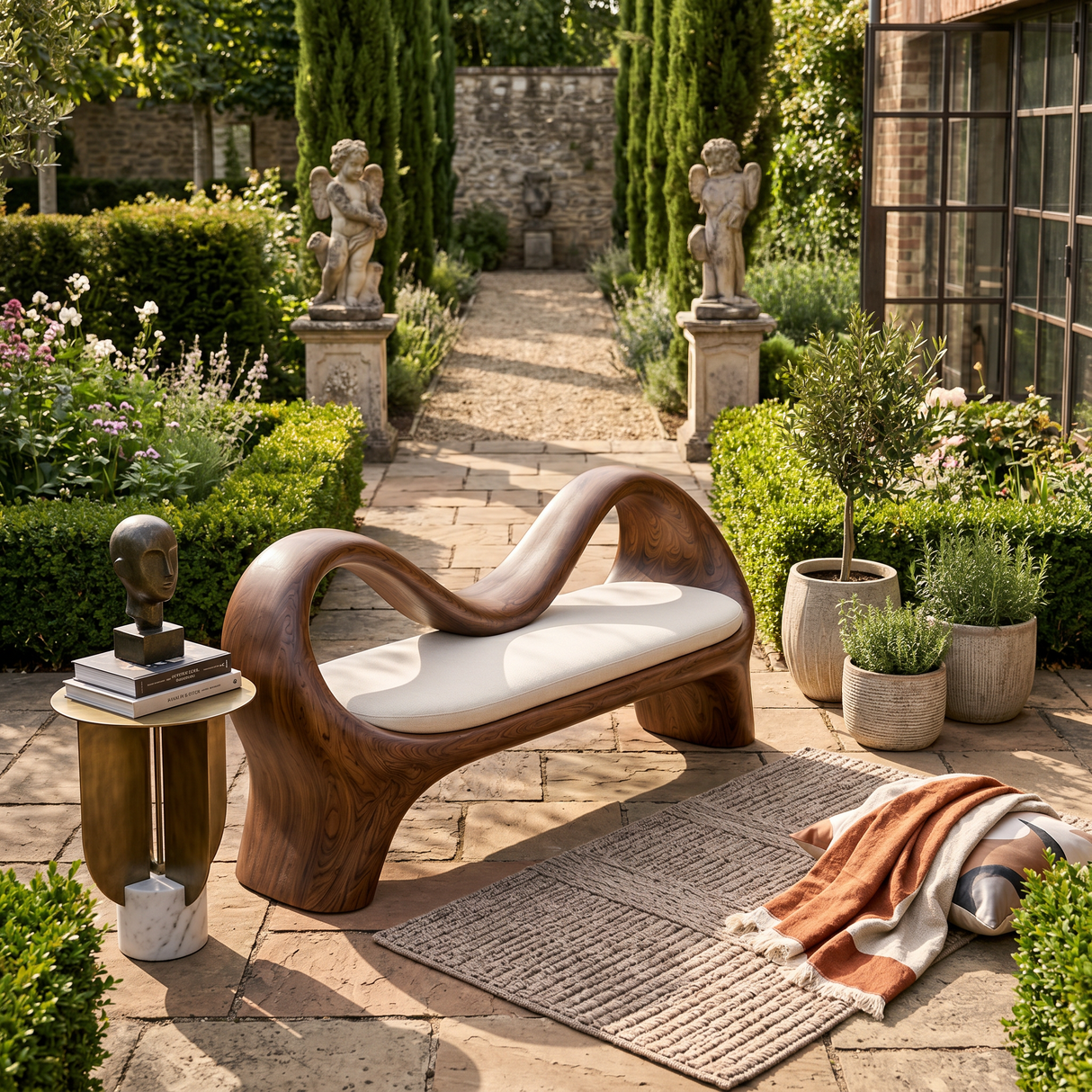 Handcrafted Bench With Undulating Backrest For Organic Entryway