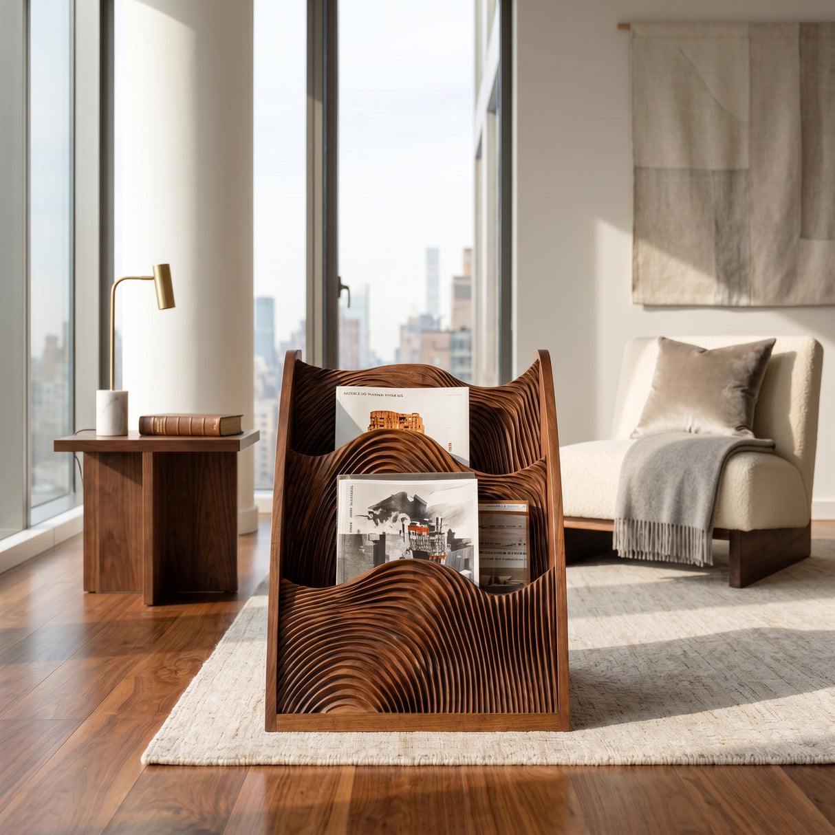 Organic Wooden Wave Panel Magazine Rack For Living Room