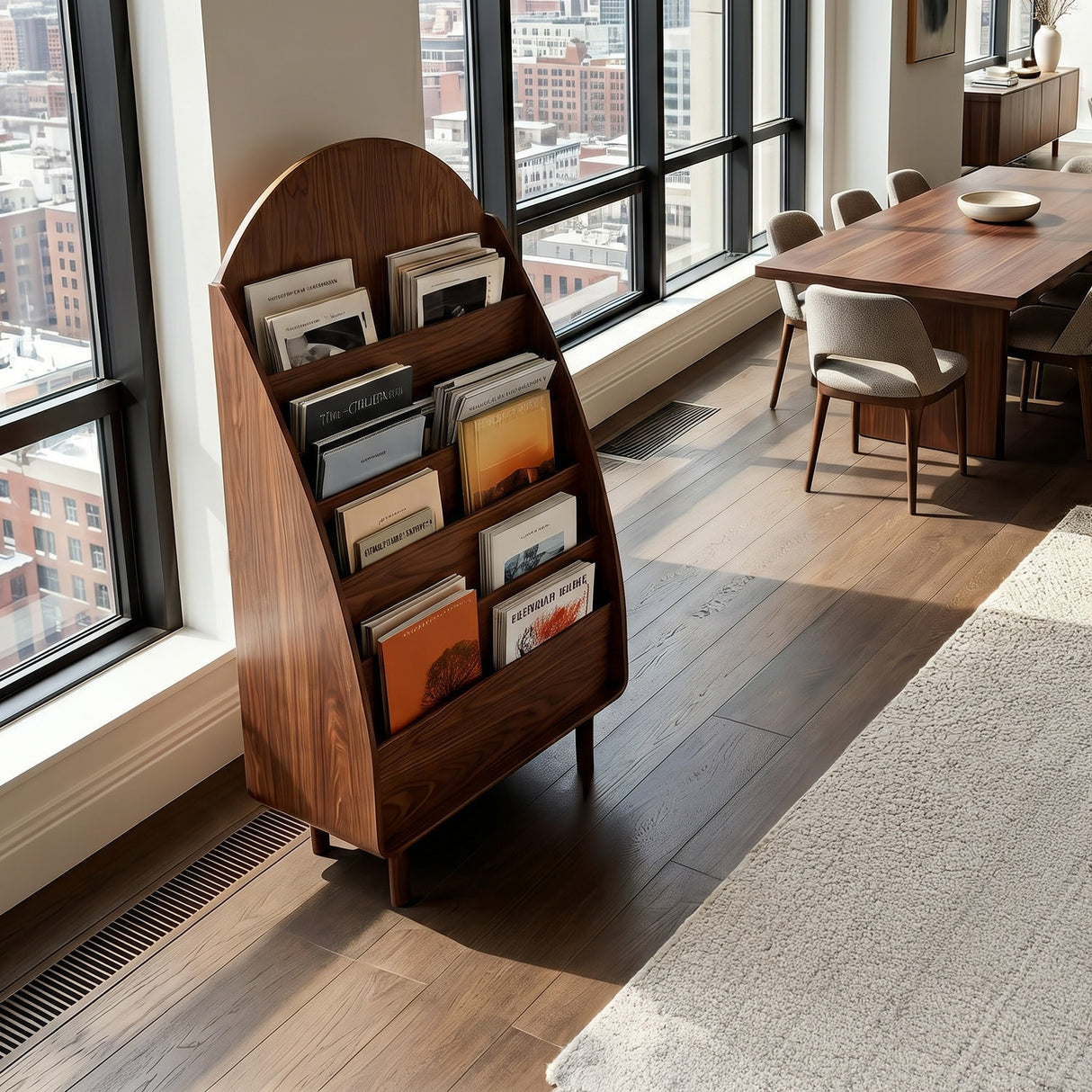 Contemporary Wooden Arched Magazine Rack With Tiers For Living Room