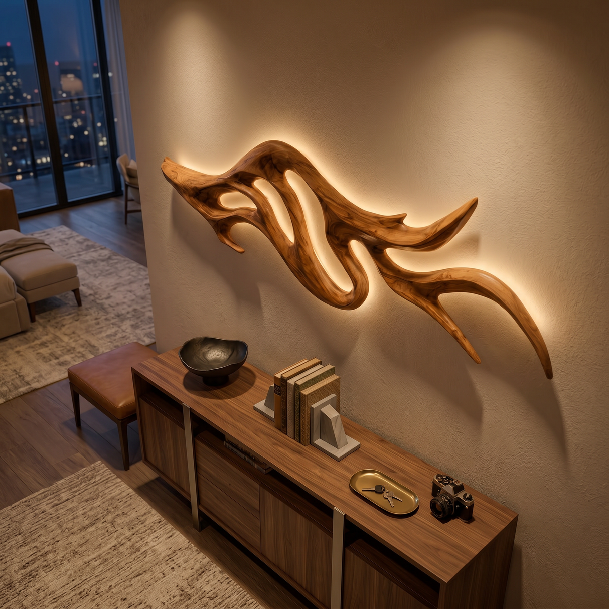 Artistic Wood LED Wall Sculpture With Sculptural Form For Bedroom