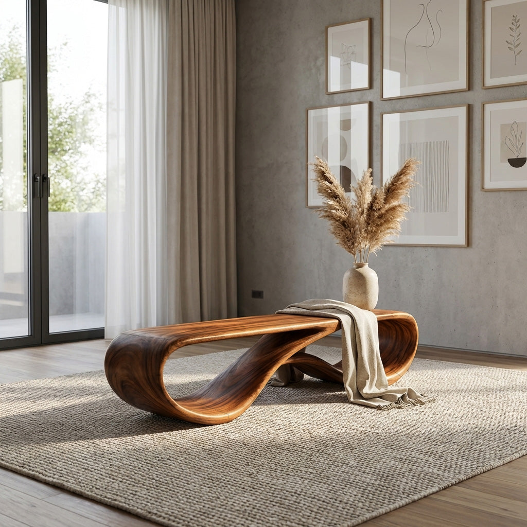 Modern Sculptural Natural Wood Bench For Entryway Decor Space