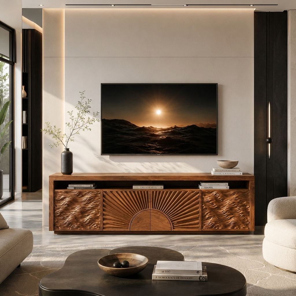 Luxury TV Stand With Sun And Ocean Carved Doors For Living