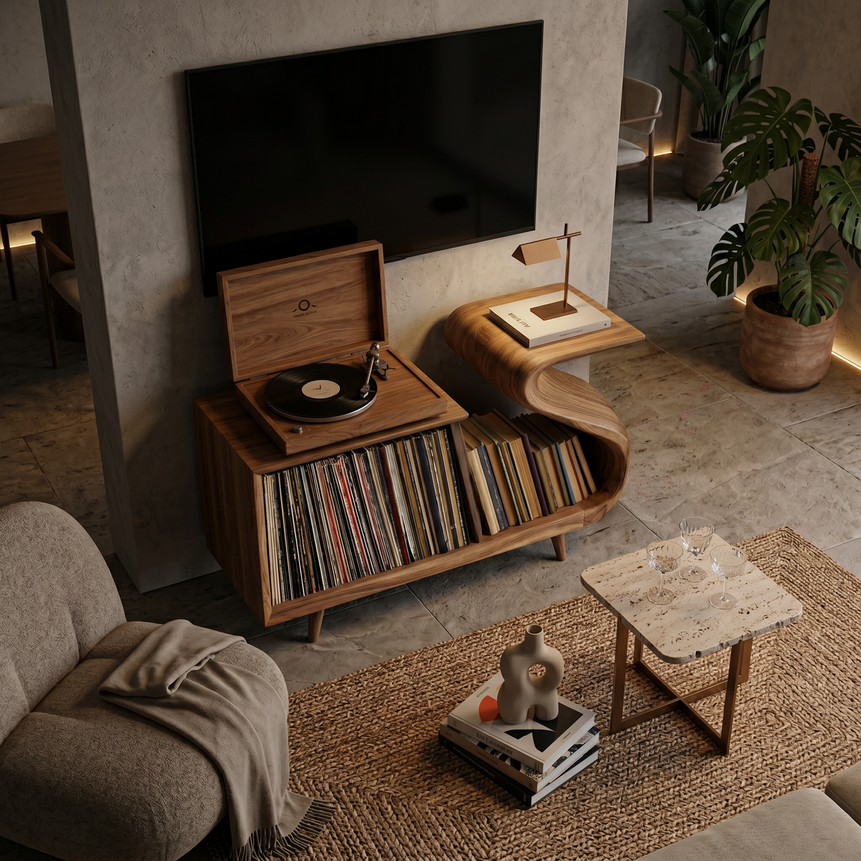 Elegant Record Player Stand With Sculptural Flowing Form For Living