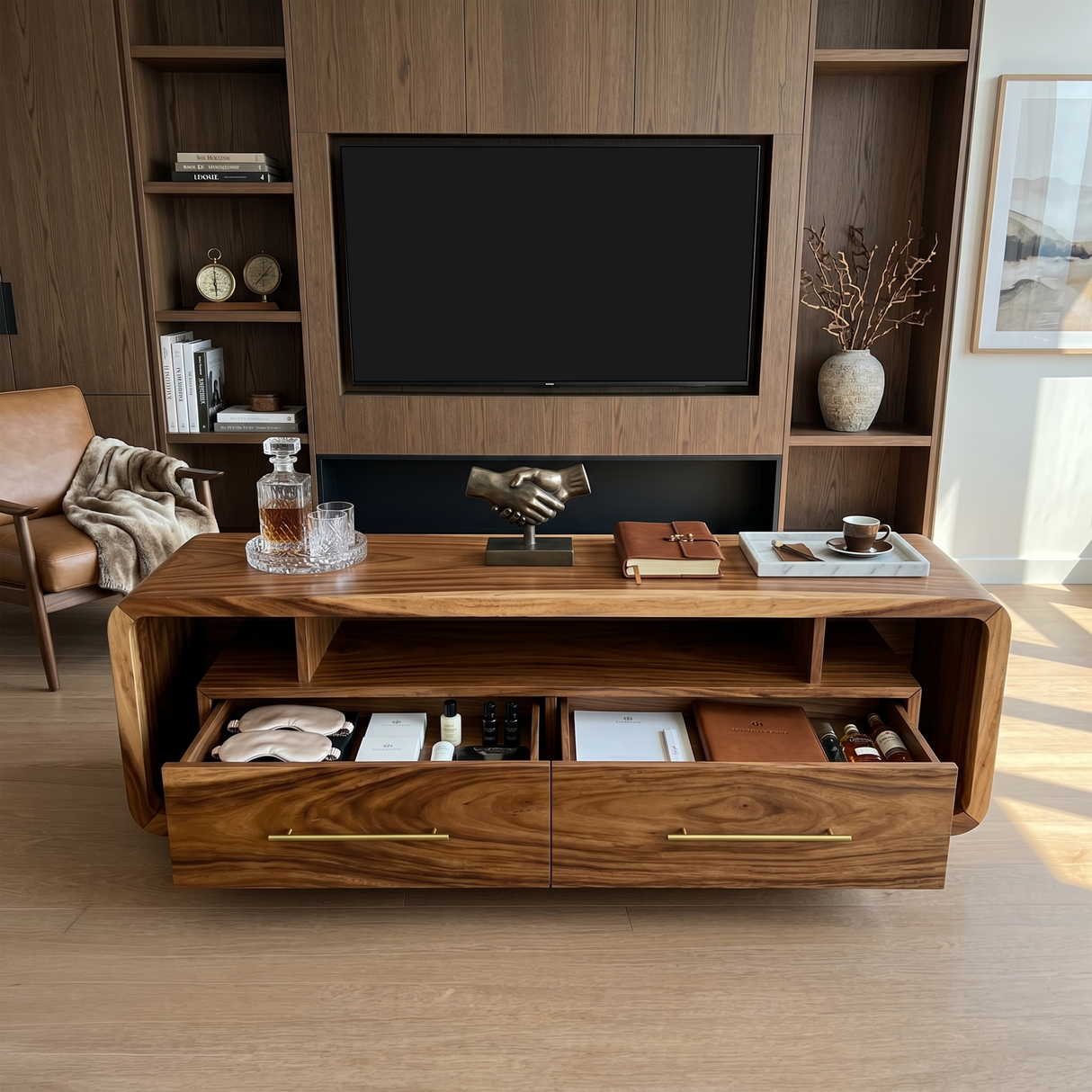 Luxury Walnut Media Console For Contemporary Master Suite Interior