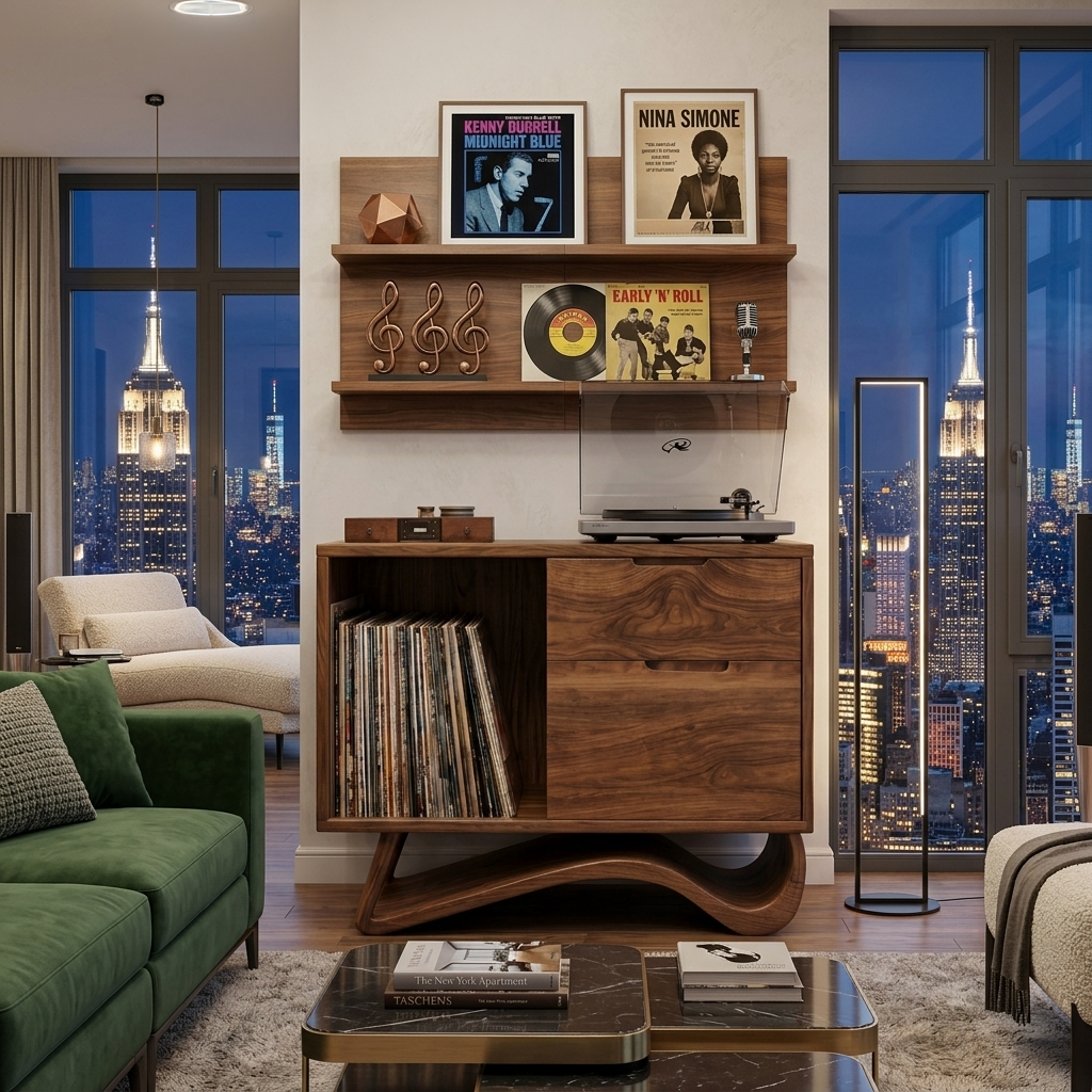 Contemporary Wooden Record Player Stand With Curved Base For Home