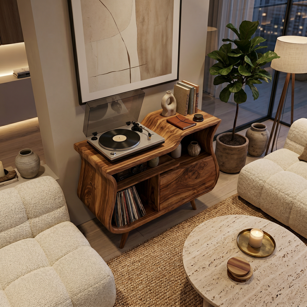 Rustic Wooden Record Storage Cabinet With Drawers For Living Room