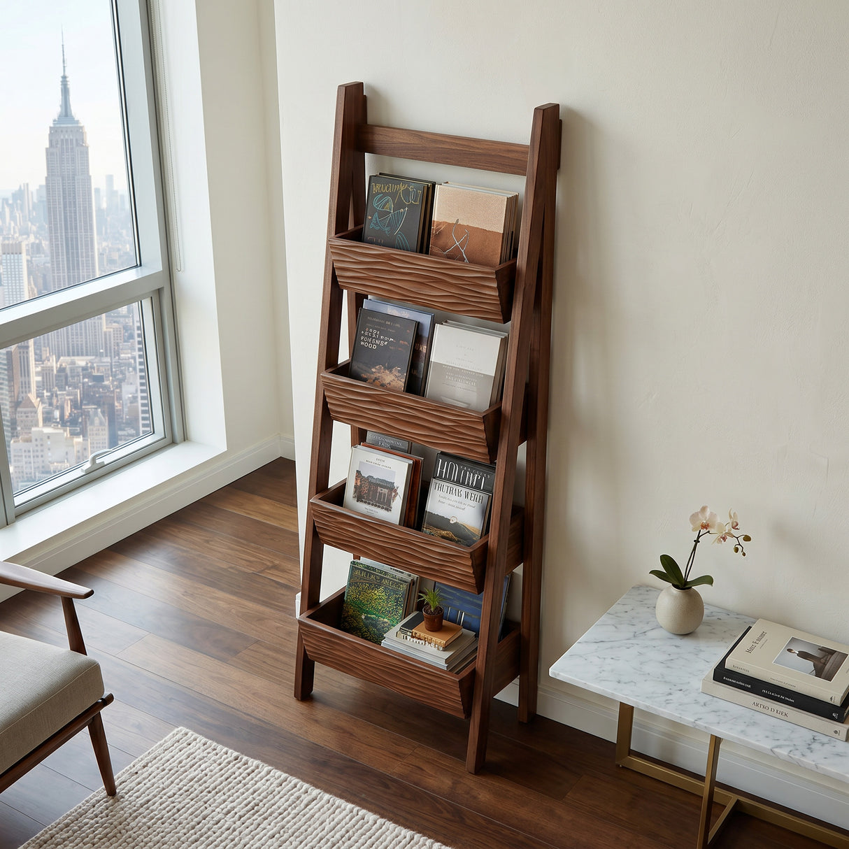 Contemporary Wooden Ladder Magazine Rack For Living Room