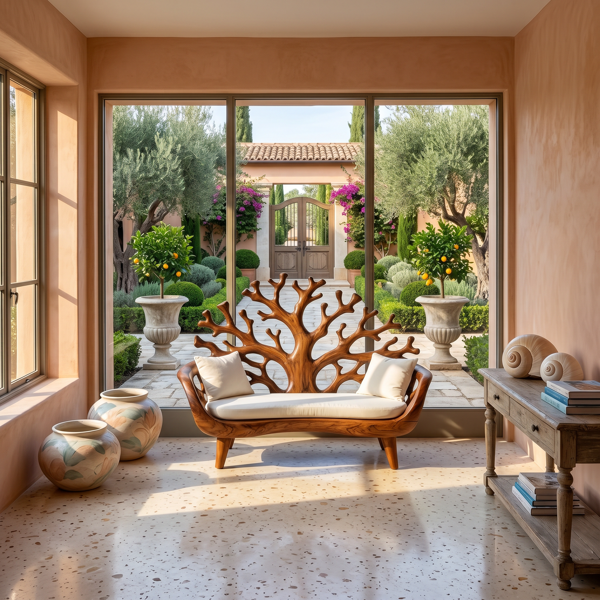 Modern Coral Tree Back Bench For Patio Interior Space