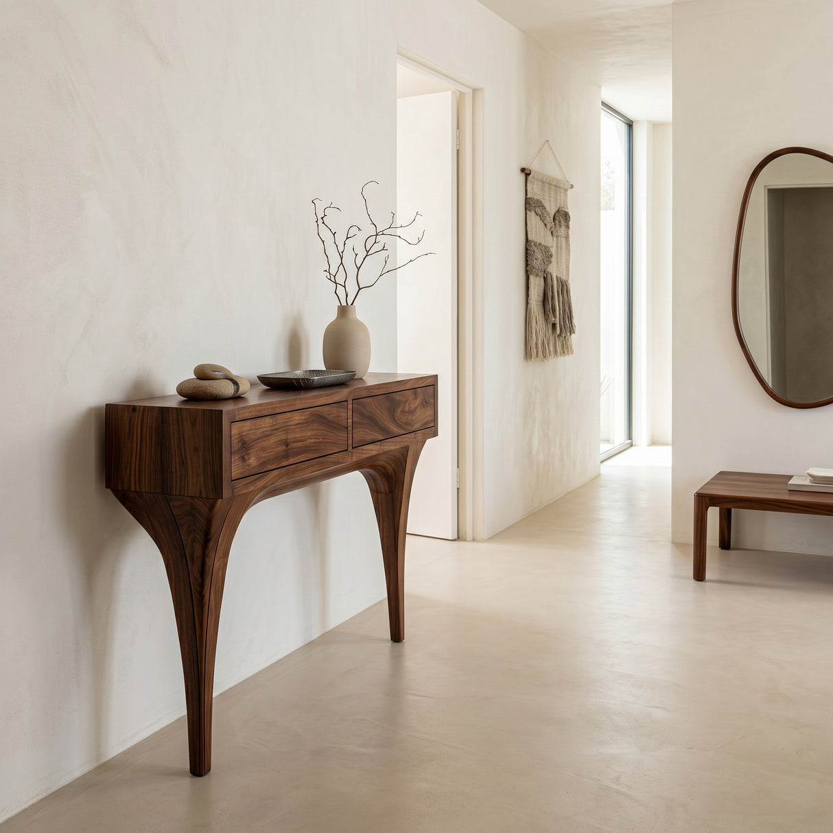 Mid Century Console Table With Sculptural Base For Entryway