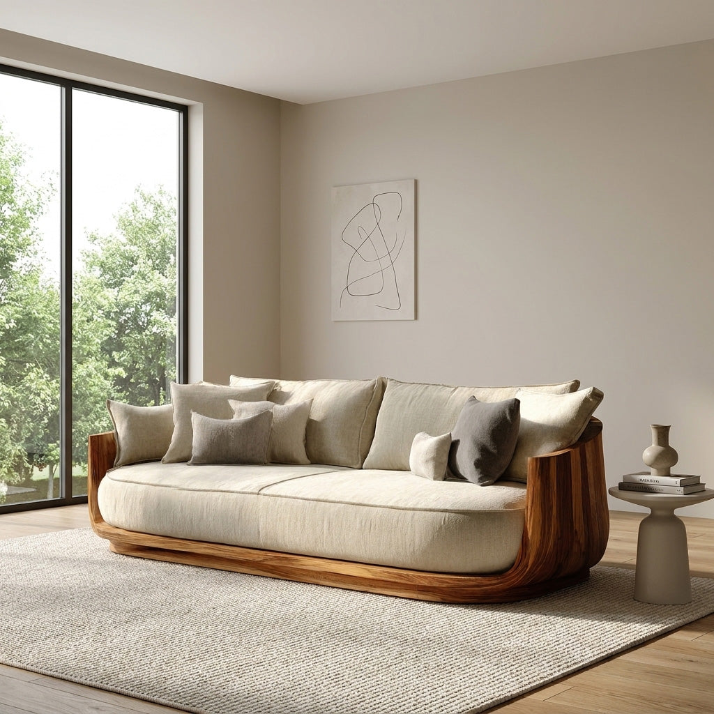 Modern Wooden Sofa With Flowing Rounded Edges For Home