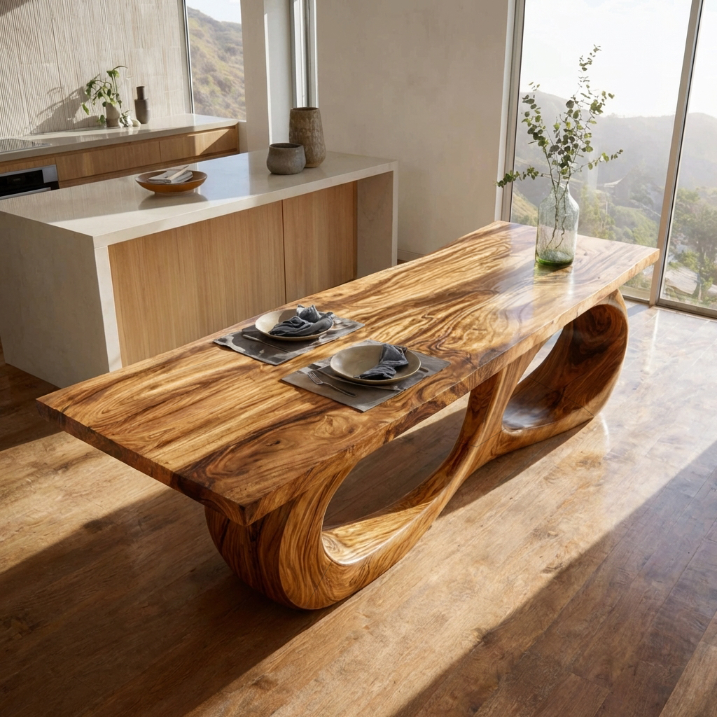 Modern Wooden Dining Table With Sculptural Base For Kitchen