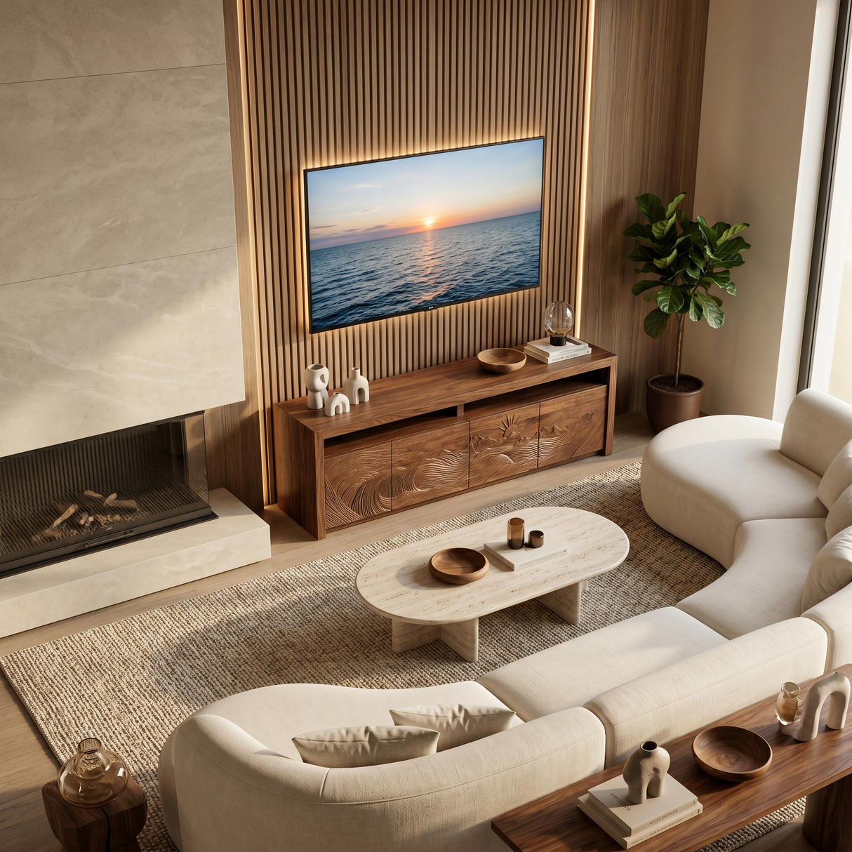 Organic TV Stand With Wave Carved Doors And Open Shelf For Home